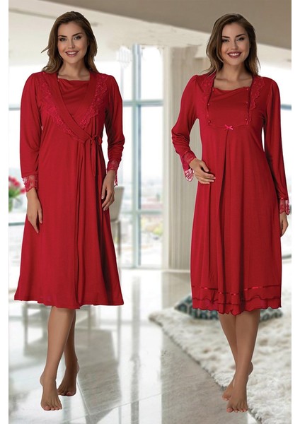 Kırmızı Sabahlıklı Pijama Takımı Effortt 2019 Kırmızı