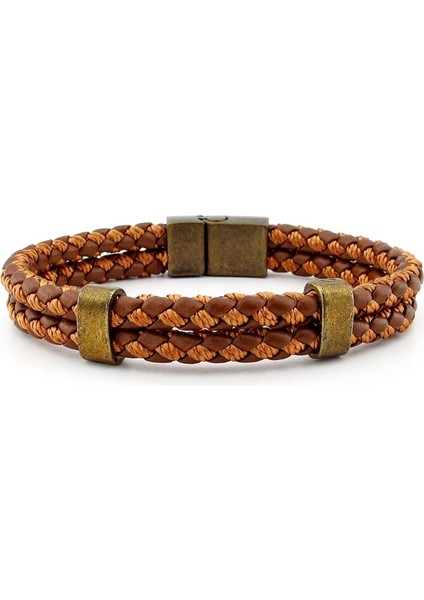 Bronz Manyetik Klips Iki Sıra Taba Örgü Deri Erkek Bileklik M038E