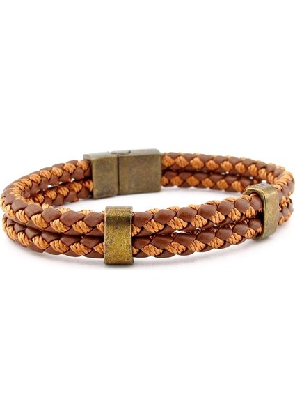 Bronz Manyetik Klips Iki Sıra Taba Örgü Deri Erkek Bileklik M038E fiyatları
