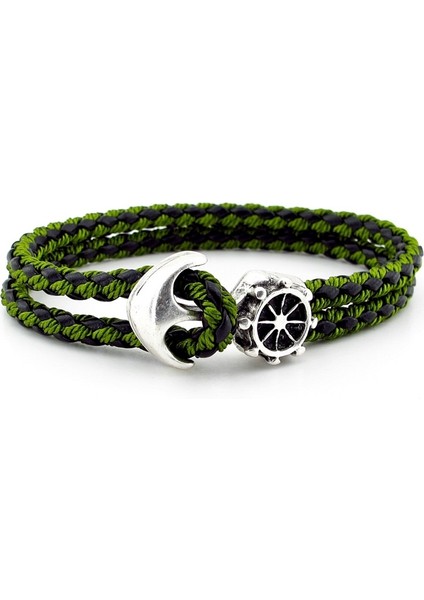 Çapa Dümen Denizci Gemici Yeşil Örgü Deri Erkek Bileklik M034B
