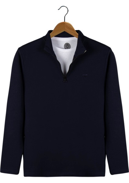 Erkek Lacivert Rahat Kalıp Yarım Fermuarlı Bato Yaka Basic Sweatshirt 21K-5200179-2