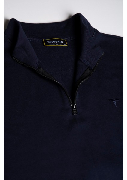 Erkek Lacivert Rahat Kalıp Yarım Fermuarlı Bato Yaka Basic Sweatshirt 21K-5200179-2