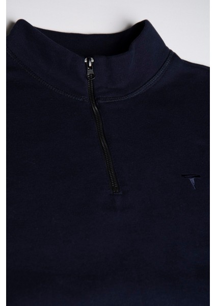 Erkek Lacivert Rahat Kalıp Yarım Fermuarlı Bato Yaka Basic Sweatshirt 21K-5200179-2