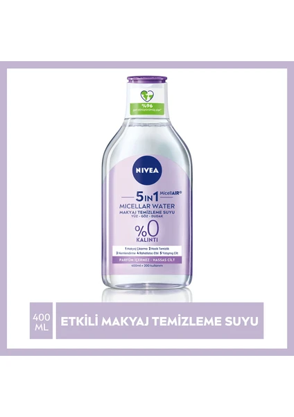 NIVEA 5IN1 Micellar Makyaj Temizleme Suyu Yatıştırıcı ;Hassas Ciltler 400ml; Yüz Temizleyici; Etkili Makyaj Temizleme