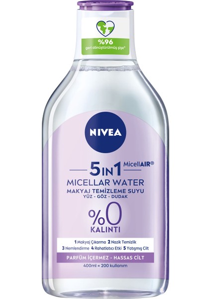 NIVEA 5IN1 Micellar Makyaj Temizleme Suyu Yatıştırıcı ;Hassas Ciltler 400ml; Yüz Temizleyici; Etkili Makyaj Temizleme