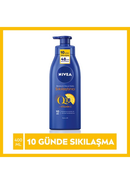 NIVEA Sıkılaştırıcı Vücut Sütü Q10 + C Vitamini (400ml); 48 Saat Vücut Nemlendirme; 10 Günde Sıkılaşma; Kuru Ciltler için; Vücut Bakım