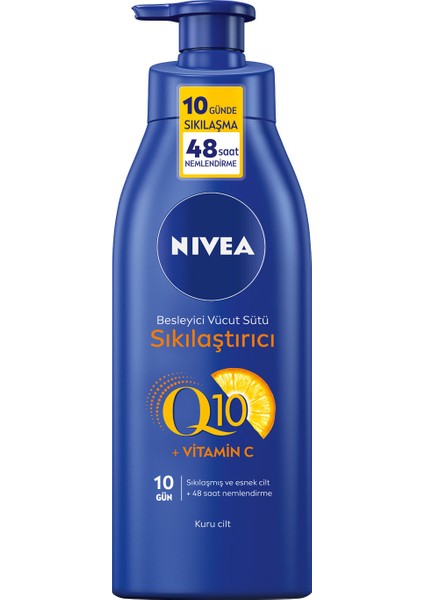 NIVEA Sıkılaştırıcı Vücut Sütü Q10 + C Vitamini (400ml); 48 Saat Vücut Nemlendirme; 10 Günde Sıkılaşma; Kuru Ciltler için; Vücut Bakım