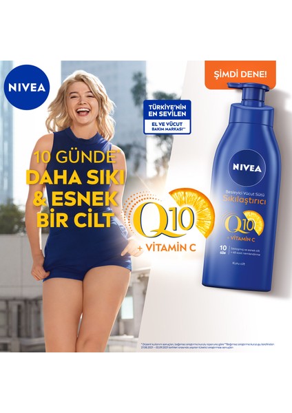 NIVEA Sıkılaştırıcı Vücut Sütü Q10 + C Vitamini (400ml); 48 Saat Vücut Nemlendirme; 10 Günde Sıkılaşma; Kuru Ciltler için; Vücut Bakım