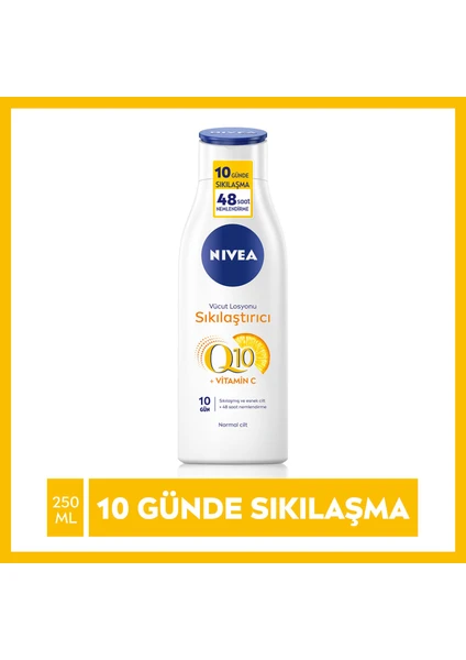 NIVEA Sıkılaştırıcı Vücut Losyonu Q10 + C Vitamini 250ml, 48 Saat Vücut Nemlendirme, 10 Günde Sıkılaşma, Normal Ciltler için, Vücut Bakım