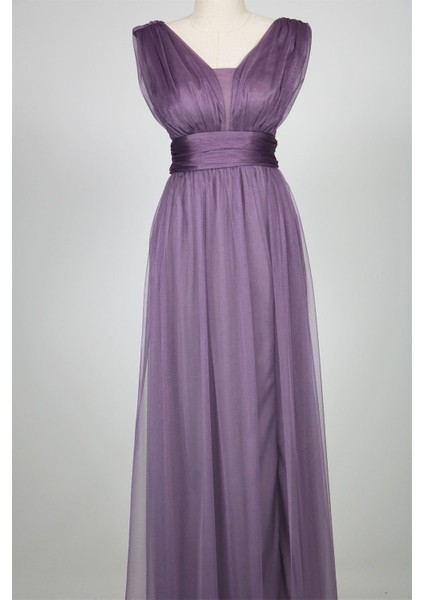 38752-5 Kolsuz Büzgülü Tül Elbise