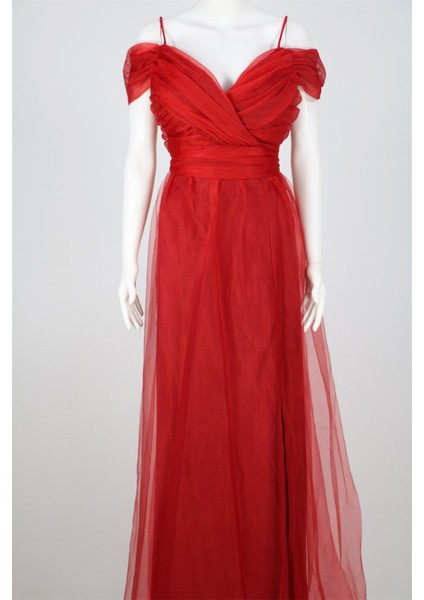 38748-5 Büzgülü Tül Etek Askılı Uzun Elbise