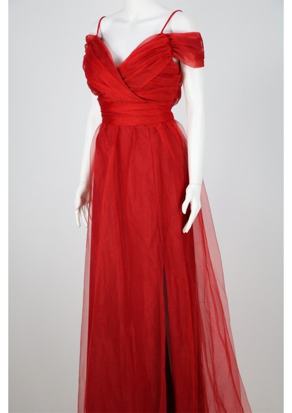 38748-5 Büzgülü Tül Etek Askılı Uzun Elbise fiyatları