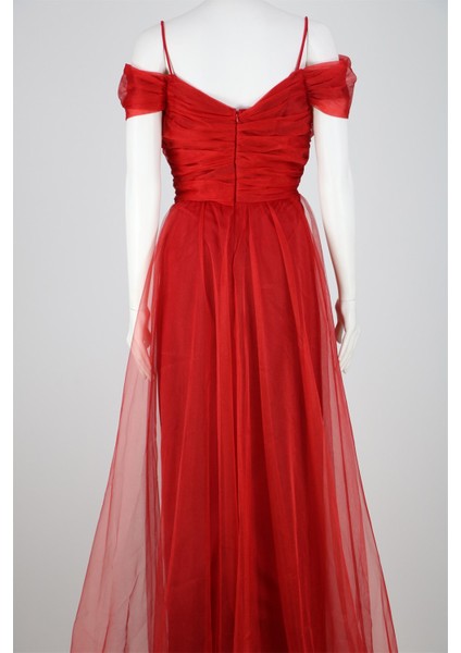 38748-5 Büzgülü Tül Etek Askılı Uzun Elbise modelleri