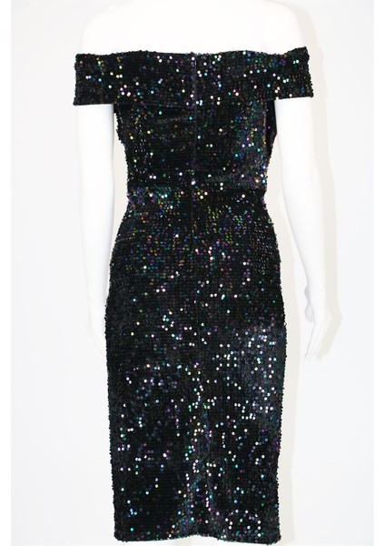 38868 Açık Omuz Eteği Yırtmaçlı Pullu Kadife Elbise modelleri