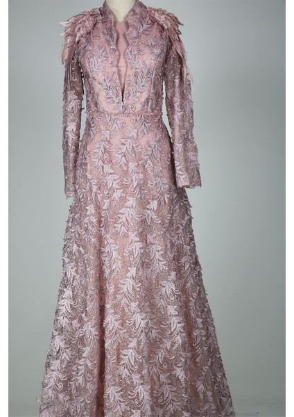 05-710 Omuzları Aplikli Güpürlü Taşlı Abiye