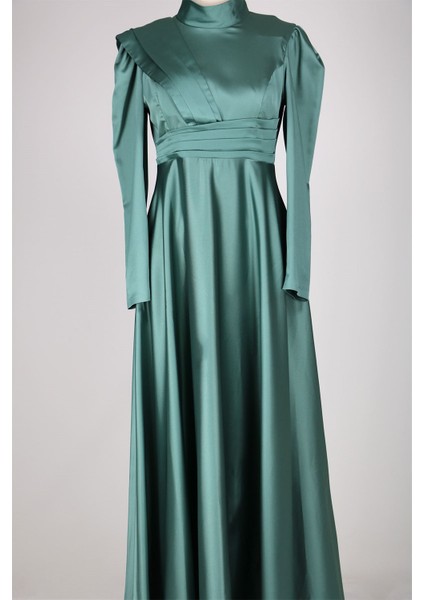 8563 Omuz ve Bel Detaylı Saten Elbise