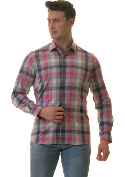 Pembe Gri Mavi Kareli Karton Kutulu Slim Fit Uzun Kol Erkek Gömlek fiyatları