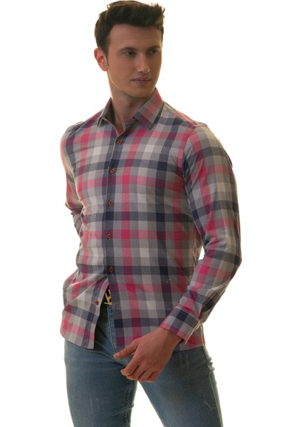 Pembe Gri Mavi Kareli Karton Kutulu Slim Fit Uzun Kol Erkek Gömlek modelleri