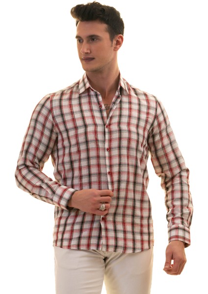 Beyaz Üzerine Kırmızı Siyah Ekose Kareli Slim Fit Uzun Kol Erkek Gömlek