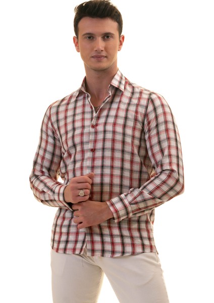 Beyaz Üzerine Kırmızı Siyah Ekose Kareli Slim Fit Uzun Kol Erkek Gömlek fiyatları