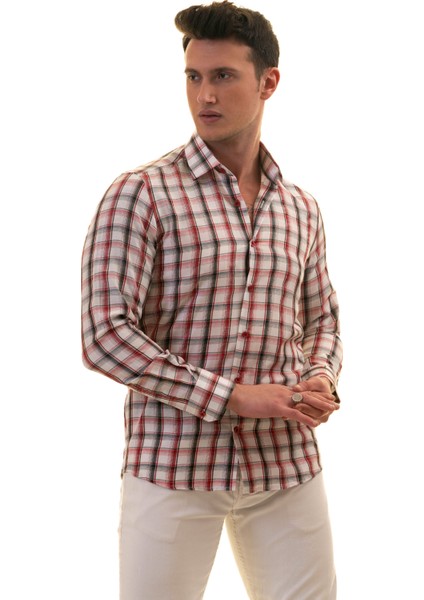 Beyaz Üzerine Kırmızı Siyah Ekose Kareli Slim Fit Uzun Kol Erkek Gömlek modelleri