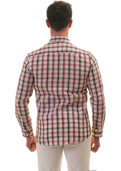 Beyaz Üzerine Kırmızı Siyah Ekose Kareli Slim Fit Uzun Kol Erkek Gömlek fırsatları