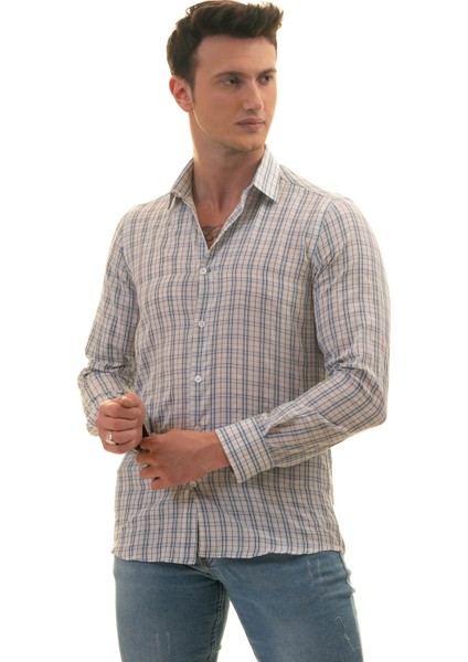 Beyaz Üzerine Mavi Siyah Ekose Kareli Slim Fit Uzun Kol Erkek Gömlek