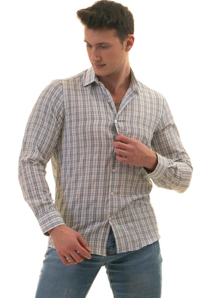 Beyaz Üzerine Mavi Siyah Ekose Kareli Slim Fit Uzun Kol Erkek Gömlek modelleri