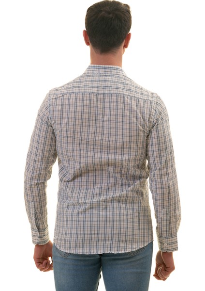 Beyaz Üzerine Mavi Siyah Ekose Kareli Slim Fit Uzun Kol Erkek Gömlek fırsatları