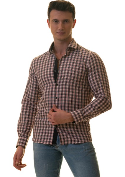 Lacivert Kırmızı Beyaz Ekose Kareli Slim Fit Uzun Kol Erkek Gömlek fiyatları