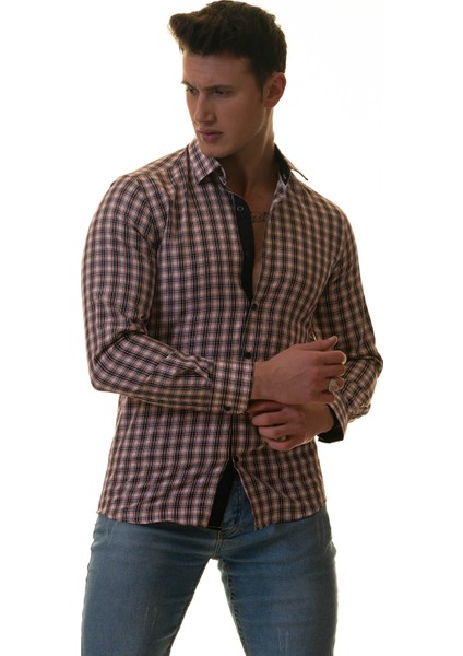Lacivert Kırmızı Beyaz Ekose Kareli Slim Fit Uzun Kol Erkek Gömlek modelleri