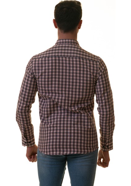 Lacivert Kırmızı Beyaz Ekose Kareli Slim Fit Uzun Kol Erkek Gömlek fırsatları