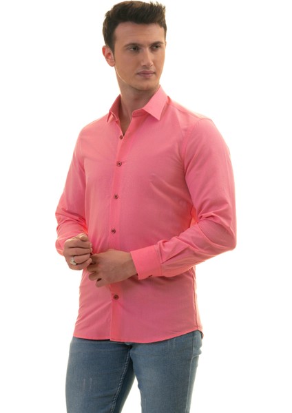 Exve Exclusive Pembe Doğal Nefes Alan Keten Karton Kutulu Slim Fit Uzun Kol Erkek Gömlek