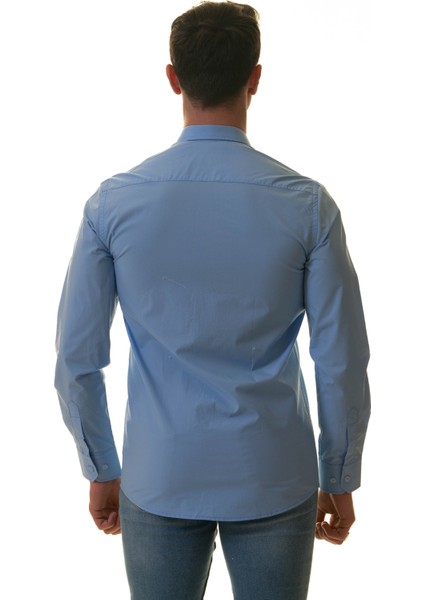 Düz Gök Mavisi Sade Karton Kutulu Slim Fit Uzun Kol Erkek Gömlek