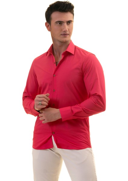 Koyu Pembe Sade Düz Karton Kutulu Slim Fit Uzun Kol Erkek Gömlek