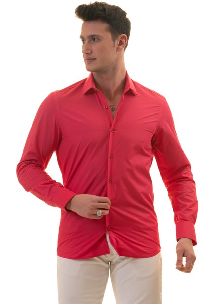 Koyu Pembe Sade Düz Karton Kutulu Slim Fit Uzun Kol Erkek Gömlek fiyatları