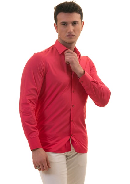 Koyu Pembe Sade Düz Karton Kutulu Slim Fit Uzun Kol Erkek Gömlek modelleri