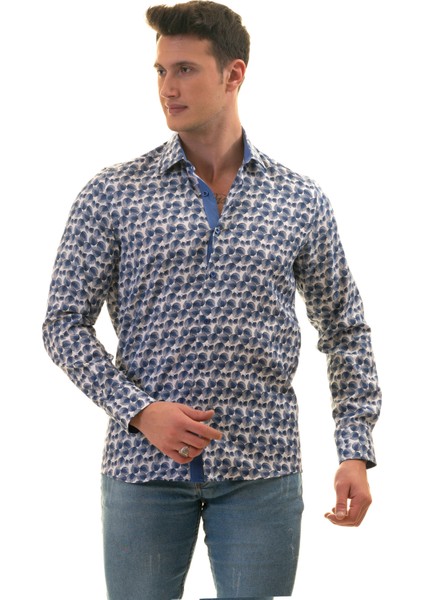 Mavi Beyaz Yaprak Baskılı Karton Kutulu Slim Fit Uzun Kol Erkek Gömlek