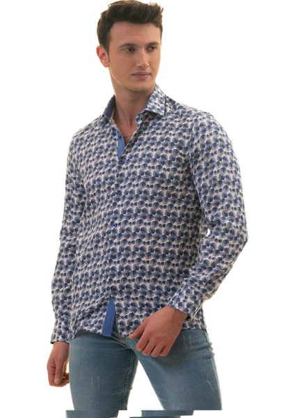 Mavi Beyaz Yaprak Baskılı Karton Kutulu Slim Fit Uzun Kol Erkek Gömlek fiyatları