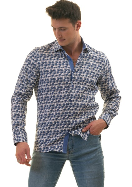 Mavi Beyaz Yaprak Baskılı Karton Kutulu Slim Fit Uzun Kol Erkek Gömlek modelleri