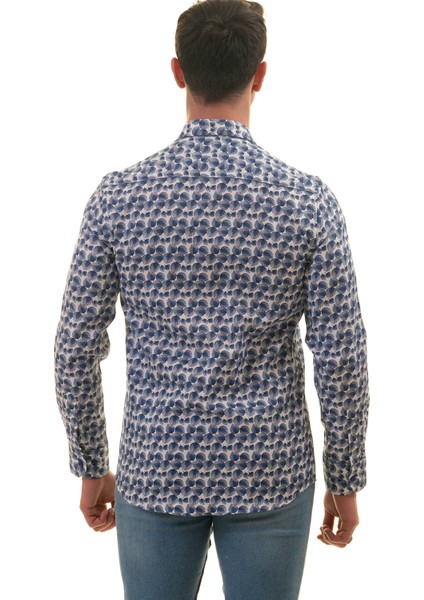 Mavi Beyaz Yaprak Baskılı Karton Kutulu Slim Fit Uzun Kol Erkek Gömlek fırsatları