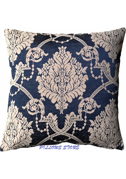 Çiçek Desenli Lacivert-Krem Kırlent Kılıfı 45CM*45CM