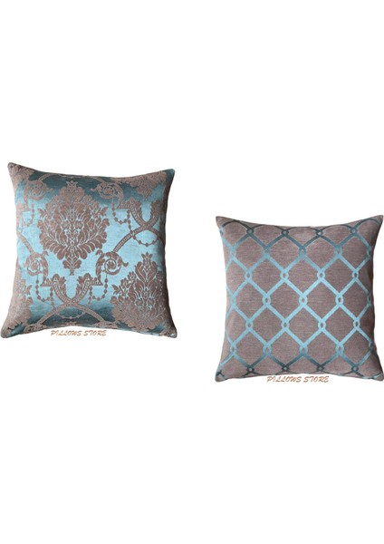 Çiçek-Zincir Desenli Turkuaz- Kahverengi Kırlent Kılıfı Seti - 2 Adet 45CM*45CM