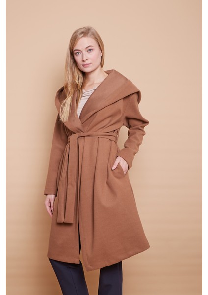 Kaşe Kapşonlu Uzun Kol Anvelop Kruvaze Bağcıklı Cepli Kaban-Camel fırsatları