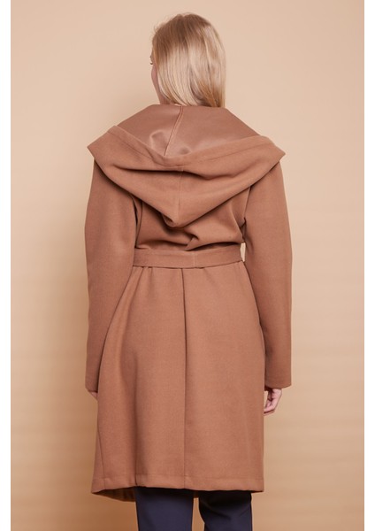 Kaşe Kapşonlu Uzun Kol Anvelop Kruvaze Bağcıklı Cepli Kaban-Camel indirimleri