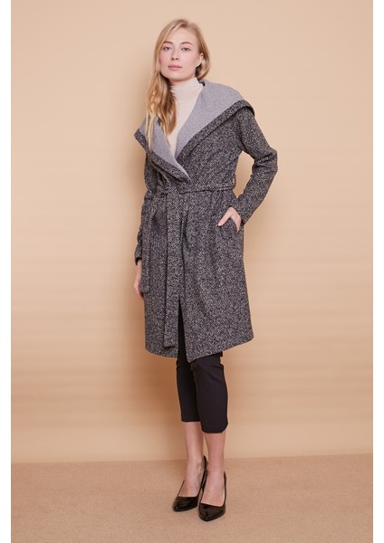 Kışlık Yün Jakarlı Kapşonlu Uzun Kol Anvelop Kruvaze Bağcıklı Hırka Kaban -Antrasit Kumlama