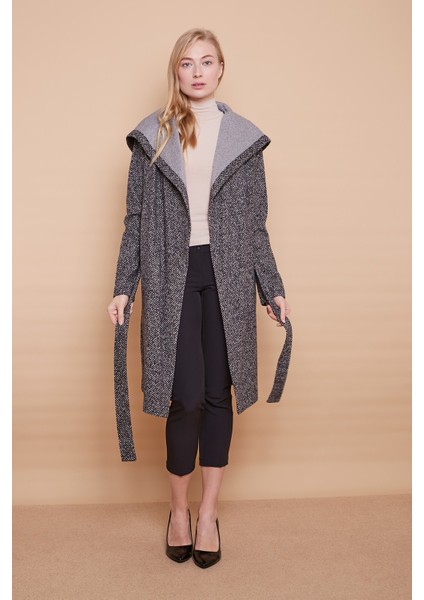 Kışlık Yün Jakarlı Kapşonlu Uzun Kol Anvelop Kruvaze Bağcıklı Hırka Kaban -Antrasit Kumlama fiyatları