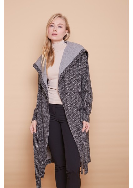 Kışlık Yün Jakarlı Kapşonlu Uzun Kol Anvelop Kruvaze Bağcıklı Hırka Kaban -Antrasit Kumlama modelleri