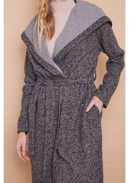 Kışlık Yün Jakarlı Kapşonlu Uzun Kol Anvelop Kruvaze Bağcıklı Hırka Kaban -Antrasit Kumlama indirimleri