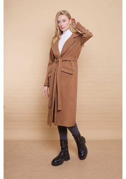 Kaşe Yakalı Cep Kapaklı Cepli Uzun Kaban -Camel modelleri